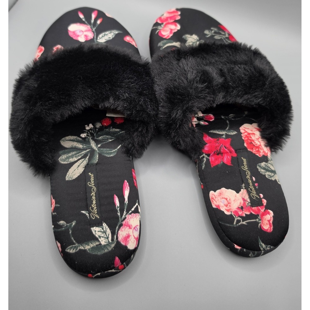 Victoria's Secret Signature Satin Slippers M 7/8 Black Floral Faux Fur